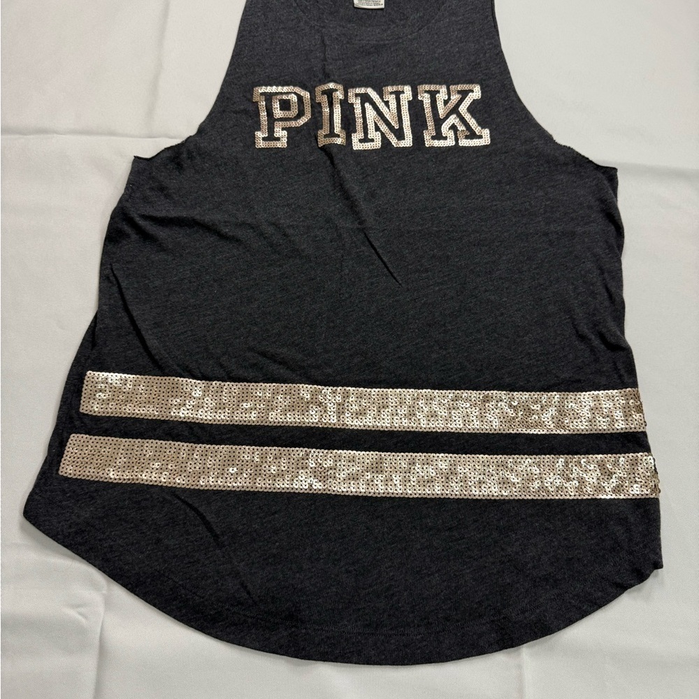 PINK Victoria's Secret Black and Gold Graphic Tank Top